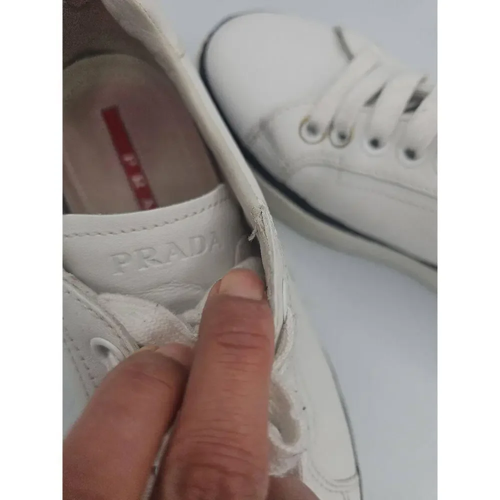 Prada 4E2831 White Leather Low Top Sneakers Colorblock Mens Size 7.5